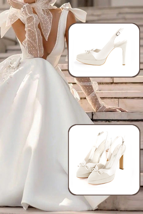 Dress slingback bow heels in off white and pure white leather with high slim heels with a platform at the front and tapered toe - Top view